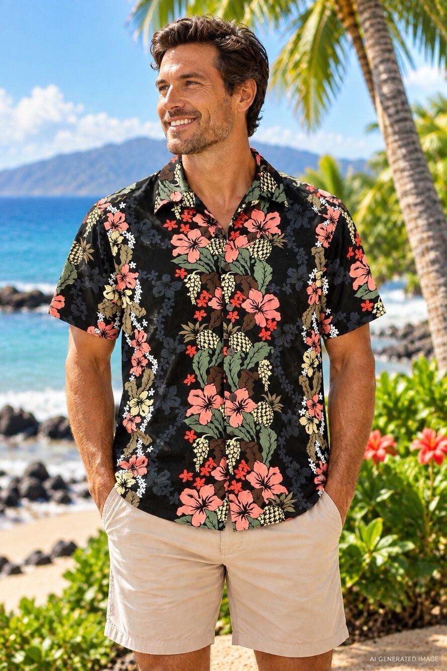 Hilo Hattie Hawaiian Shirt Mens Large L Black Pineapple Floral Aloha Camp Tags